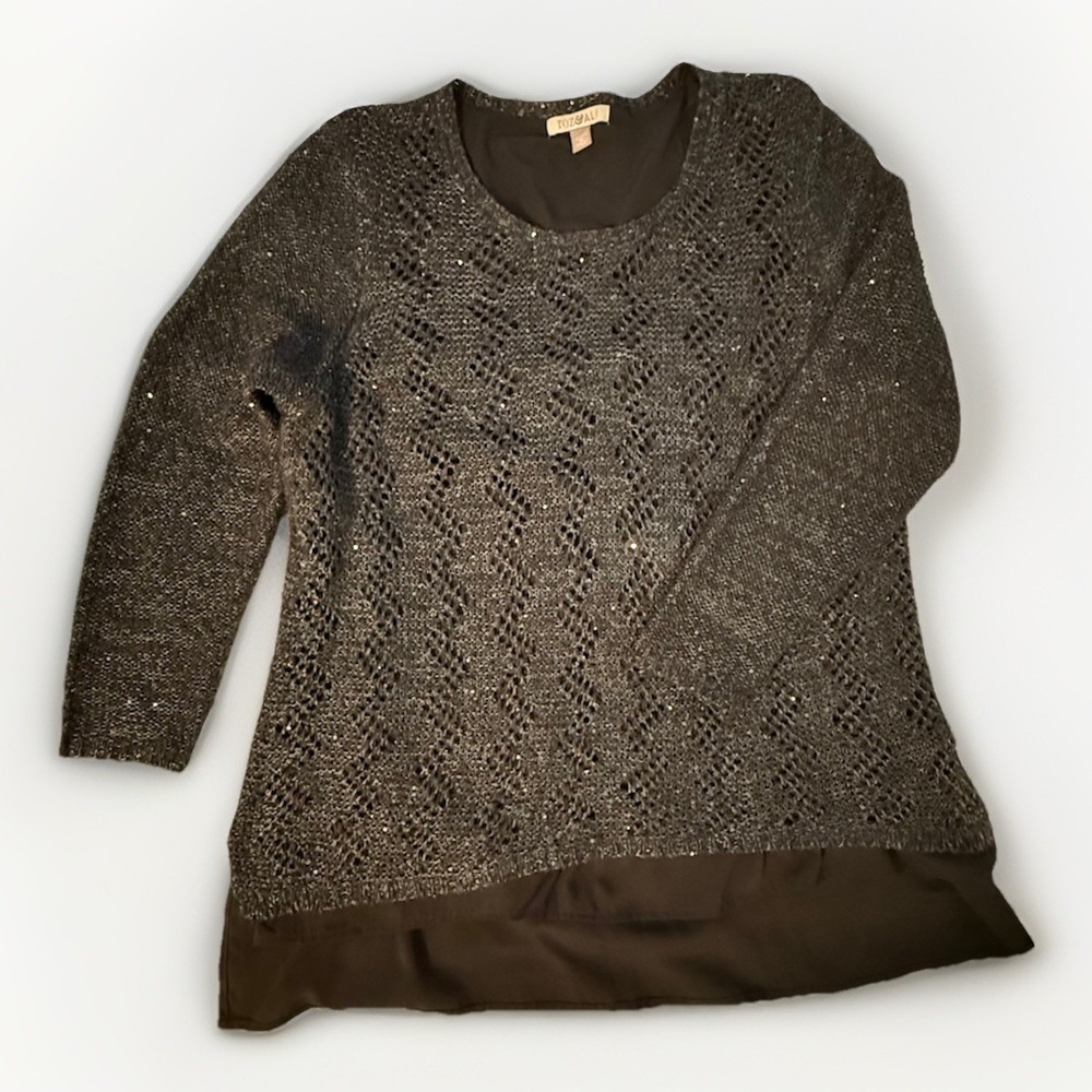 Roz & Ali Sequence Dark Gray Knitted Lace Sweater, Layered Look XL Elegant Class